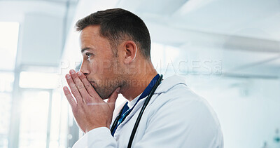 Buy stock photo Man, doctor and frustrated in hospital with grief, fatigue or doubt with bad news mistake. Mental health, sad physician and medical person with anxiety for stress, loss or failed surgery in clinic