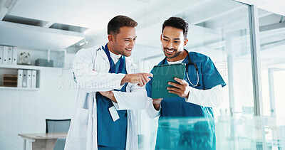 Buy stock photo Medical, team and conversation in hospital with tablet, collaboration or research for patient care. Happy, men and healthcare worker in clinic with tech, discussion and review telehealth website.