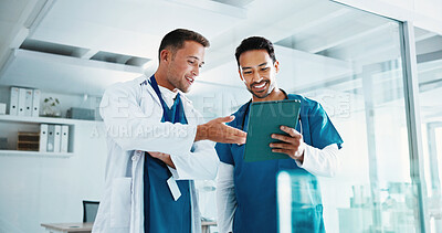 Buy stock photo Healthcare, team and conversation in hospital with tablet, collaboration and research for case study. Happy, doctor and people in clinic with tech, discussion and review patient medical history.