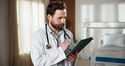 Buy stock photo Planning, man and doctor with tablet in hospital for telehealth, service or medical advice. Digital technology, thinking and healthcare worker with online consultation, research or patient report.