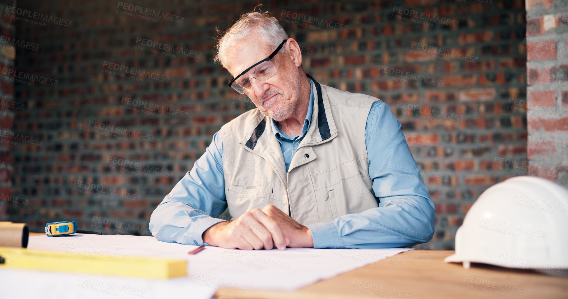 Buy stock photo Happy man, architect or blueprint at construction site for planning, design approval and renovation. Mature engineer, floorplan or paper at worksite for project update, insight or smile for progress