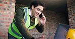 Architect, laptop and happy man with phone call on site for building discussion or planning. Male person, architect or civil engineer talking on smartphone for construction project or conversation