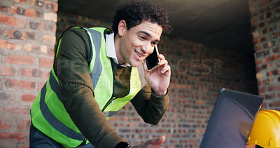 Buy stock photo Architect, laptop and happy man with phone call on site for building discussion or planning. Male person, contractor or civil engineer talking on smartphone for construction project or conversation