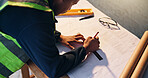 Man, architect and writing with blueprint for construction planning or building development above. Top view, male person or civil engineer with documents for architecture design or brainstorming
