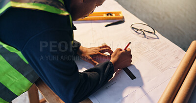 Buy stock photo Man, architect and writing with blueprint for construction planning or building development above. Top view, male person or civil engineer with documents for architecture design or brainstorming