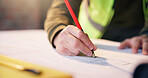 Architect, hands or writing with blueprint for construction planning or building design on site. Person, floor layout or documents with drawing pencil for architecture development, safety or security