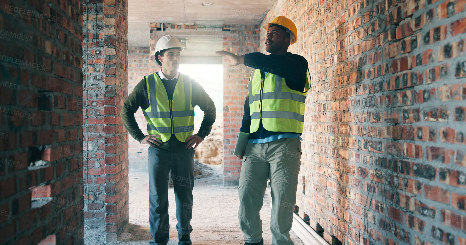 Buy stock photo People, construction or discussion on site for building reinforcement or structure safety. Architect, team or civil engineer explaining improvement with colleague for durable architecture or security