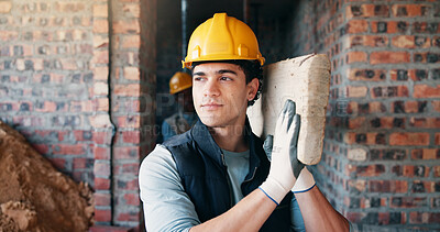 Buy stock photo Architect, man and wood plank with helmet on construction site for building progress or development. Male person, civil engineer or contractor carrying lumber material for architecture or project