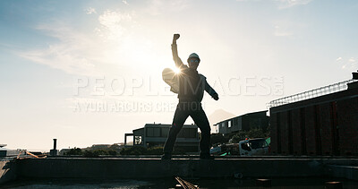 Buy stock photo Man, architect and fist pump on construction site in celebration for foundation finish or done project. Excited, male person or civil engineer with lens flare for building success or architecture