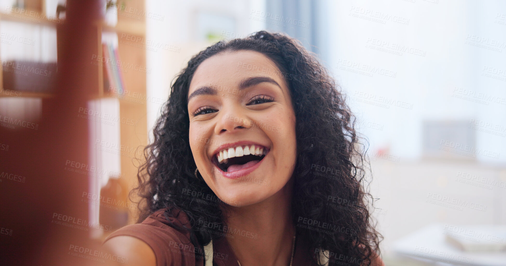 Buy stock photo Woman, happy or portrait in home for selfie, social media update or online streaming with post. Influencer, smile or photo POV in lounge for broadcast, upload profile or vlog for follower interaction