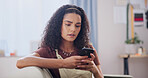 Home, serious and confused girl with phone for college results, test fail or scholarship rejection. Student, mobile or concern with university portal for critical exam feedback, funding risk or email