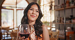 Thinking, wine and woman in restaurant with smile, mindfulness and happy memory on weekend break. Reflection, insight and person with alcohol drink, tender flashback and positive daydream in bistro.