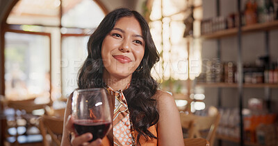 Buy stock photo Thinking, wine and woman in restaurant with smile, mindfulness and happy memory on weekend break. Reflection, insight and person with alcohol drink, tender flashback and positive daydream in bistro.