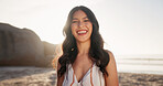 Portrait, happy and woman on beach for travel, sunshine and seaside holiday with positive attitude outdoor. Person, traveller and space in nature with smile, good mood and weekend break by the ocean