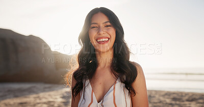 Buy stock photo Portrait, happy and woman on beach for travel, sunshine and seaside holiday with positive attitude outdoor. Person, traveler and space in nature with smile, good mood and weekend break by the ocean