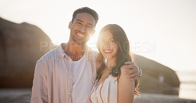 Buy stock photo Couple, beach and smile with portrait for travel, romance and outdoor with bonding, memory and holiday. Love, sunset and tropical vacation and summer with embrace for partner, nature and commitment