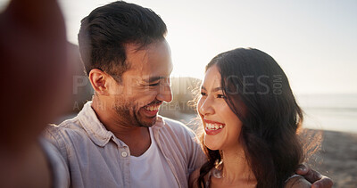 Buy stock photo Selfie, couple and happy on beach for love, travel and seaside holiday with photo for memory. Man, woman and smile for healthy relationship, coastal vacation and capture picture outdoor with bonding