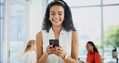 Buy stock photo Phone, smile and woman in office meeting, message and reading notification for venue budget approval. Mobile, event planner and happy person with business email, vendor coordination and text update