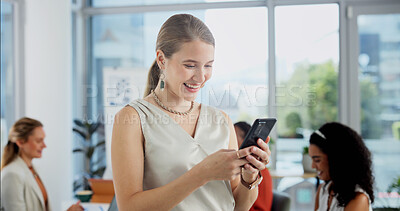 Buy stock photo Phone, happy and woman in office meeting, reading message and notification for venue budget approval. Mobile, event planner or person with smile for business email, vendor coordination or text update