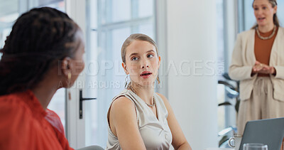 Buy stock photo Boardroom, talking and teamwork with business women in meeting together for finance management. Collaboration, feedback and strategy with employee people in financial office for investment planning