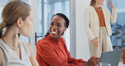 Buy stock photo Meeting, smile and talking with business women in boardroom together for finance management. Collaboration, laptop and strategy with happy employee people in financial office for investment planning