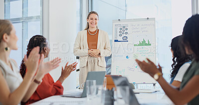 Buy stock photo Presentation, success and woman in office with clap, revenue growth and good news on finance report. Happy, speaker or data analyst with whiteboard, budget proposal or applause on investment approval