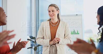 Buy stock photo Meeting, team and woman in office with clap, revenue growth and good news on finance report. Happy, director or data analyst with positive feedback, budget success or applause on investment approval.