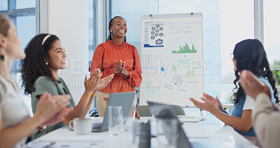 Buy stock photo Applause, presentation and business women in office with finance statistics, charts and graphs. Whiteboard, clapping and financial manager with team for meeting on investment revenue in workplace.