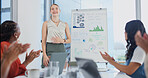 Clapping, presentation and business women in office with finance statistics, charts and graphs. Whiteboard, applause and financial manager with team for meeting on investment revenue in workplace.