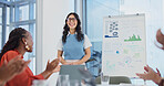 Applause, presentation and business women in meeting at office with finance statistics or charts. Whiteboard, clapping and financial manager with team for discussion on investment revenue at agency.