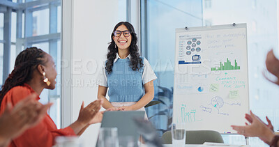 Buy stock photo Applause, presentation and business women in meeting at office with finance statistics or charts. Whiteboard, clapping and financial manager with team for discussion on investment revenue at agency.