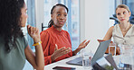 Laptop, meeting and presentation with business women in boardroom together for finance management. Collaboration, explain and workshop with employee people in financial office for investment planning