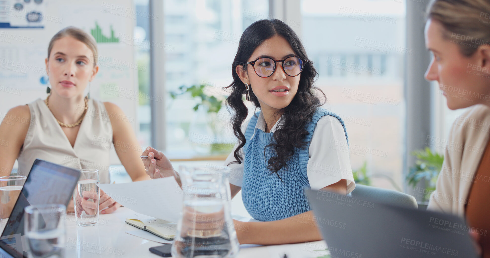 Buy stock photo Documents, talking and teamwork with business women in boardroom together for finance management. Collaboration, conversation and laptop with employee people in financial meeting for investment plan