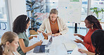Documents, meeting and statistics with business women in boardroom together for finance management. Data, paperwork and strategy with employee people in financial office for investment planning