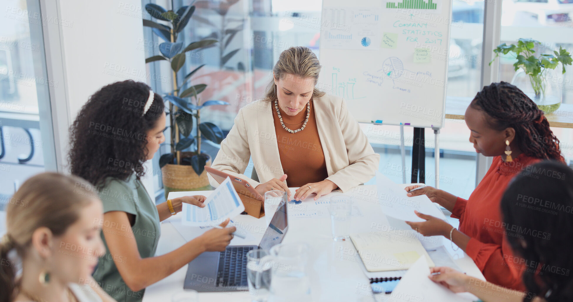 Buy stock photo Documents, meeting and statistics with business women in boardroom together for finance management. Data, paperwork and strategy with employee people in financial office for investment planning