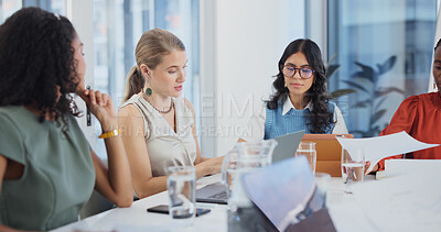 Buy stock photo Documents, laptop and meeting with business women in boardroom together for finance management. Computer, paperwork and strategy with employee people in financial office for investment planning
