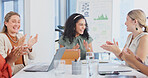Meeting, success and team in office with clap, revenue growth and good news on finance report. Happy, women and data analyst with positive feedback, budget review and applause on investment approval.
