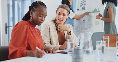 Buy stock photo Meeting, talking and teamwork with business women in boardroom together for finance management. Collaboration, conversation and strategy with employee people in financial office for investment plan