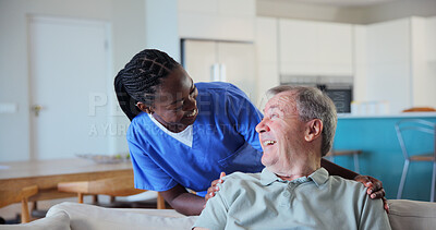 Buy stock photo Laugh, nurse and old man in home with support, care and talking for connection in assisted living. Retirement, caregiver and happy person with comfort, trust and healthcare with joke in homecare
