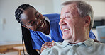 Smile, nurse and old man in home with care, support and laugh for connection in assisted living. Retirement, caregiver and happy person with comfort, trust and healthcare with wellness in homecare