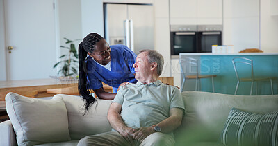 Buy stock photo Smile, nurse and old man on sofa with care, support and checkup for wellness in assisted living. Retirement, caregiver and happy person with comfort, trust and healthcare with connection in homecare