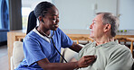 Nurse, stethoscope and old man in home with health check, monitor breathing and happy with results. Caregiver, elderly person and medical tools in house for respiratory evaluation, help and wellness.