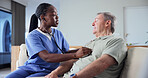 Nurse, stethoscope and old man in home with breathing evaluation, test or listen for asthma symptoms. Caregiver, senior person and medical equipment in house for respiratory exam, advice or wellness.
