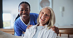 Portrait, nurse and old woman in home with support, care and laugh for connection in assisted living. Retirement, caregiver and happy person with comfort, trust and healthcare with smile in homecare