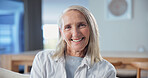 Portrait, old woman and relax at house with smile, peace and calm morning for weekend unwind. Happy, senior person or rest in home with positive attitude, comfortable and retirement for stress relief