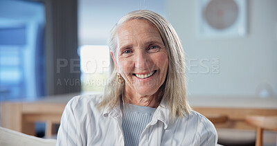 Buy stock photo Portrait, old woman and relax at house with smile, peace and calm morning for weekend unwind. Happy, senior person or rest in home with positive attitude, comfortable and retirement for stress relief