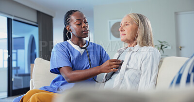 Buy stock photo Nurse, stethoscope and old woman in home with health check, monitor breathing and asthma symptoms. Caregiver, senior person and medical tools in house for respiratory evaluation, help and wellness.