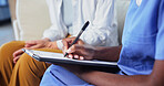 Nurse, hands and clipboard for writing with old woman, wellness survey and checkup in retirement home. Senior person, caregiver and notes in consultation with checklist, healthcare or medical report.