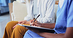 Nurse, hands and checklist for writing with old woman, wellness survey and checkup in retirement home. Senior person, caregiver and notes in consultation with clipboard, healthcare or medical report.