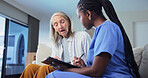 Nurse, discussion and clipboard in retirement home with old woman, survey or questions for wellness. Senior person, caregiver and talk on sofa with checklist, medical evaluation or healthcare report.